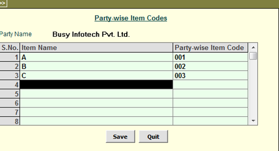 Party-Wise Item Codes