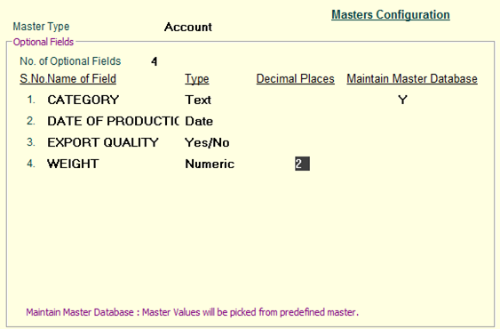 Configurable Master Optional Fields